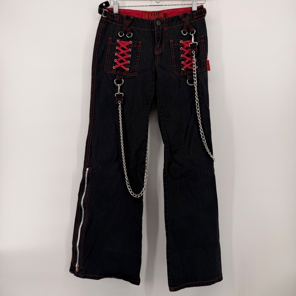 Tripp NYC Black Red Contrast Stitch Chain Lace Up Flare Gothic Pants AF3090H 3